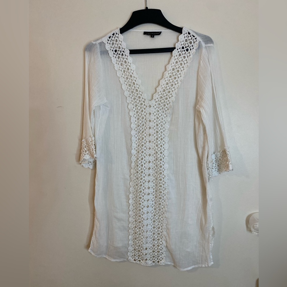 Club Z Collection 100% cotton Women's White Crochet-Trim Gauze Tunic cover upTop